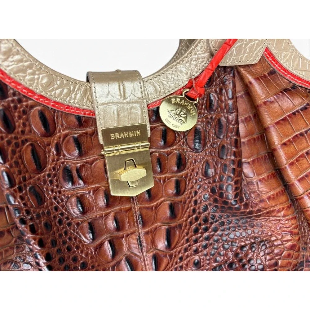 Brahmin Pecan Melbourne Croc Embossed Leather Satchel Gold Trim Brown Red Bag